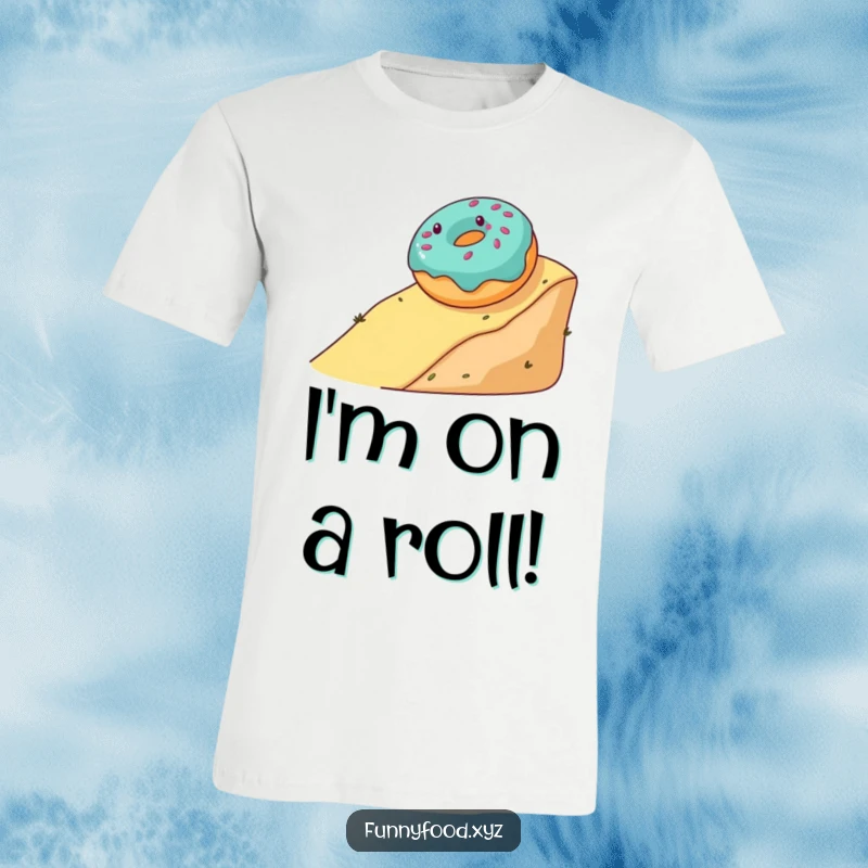 Funny t-shirt featuring a gleeful donut rolling downhill, capturing a moment of sweet, uninhibited fun.