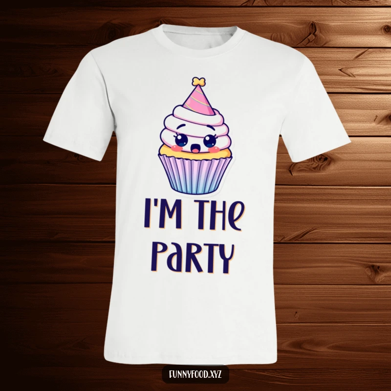 Funny t-shirt with a surprised cupcake wearing a party hat, looking shocked and ready to celebrate.