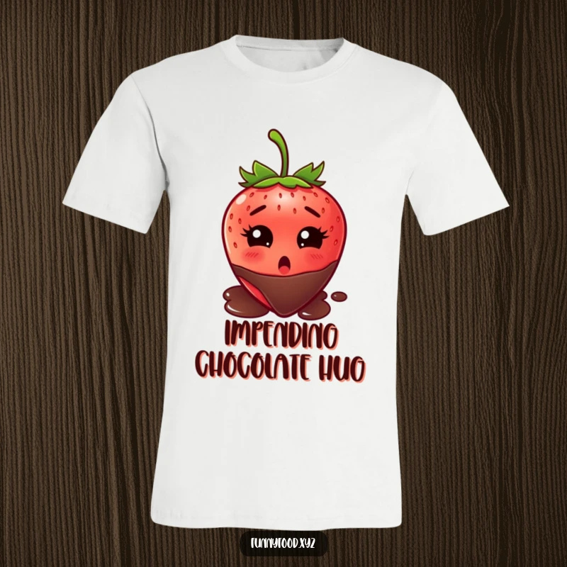 Funny strawberry t-shirt, eyes wide with surprise, about to be dipped in chocolate, capturing a humorous dessert-related panic.