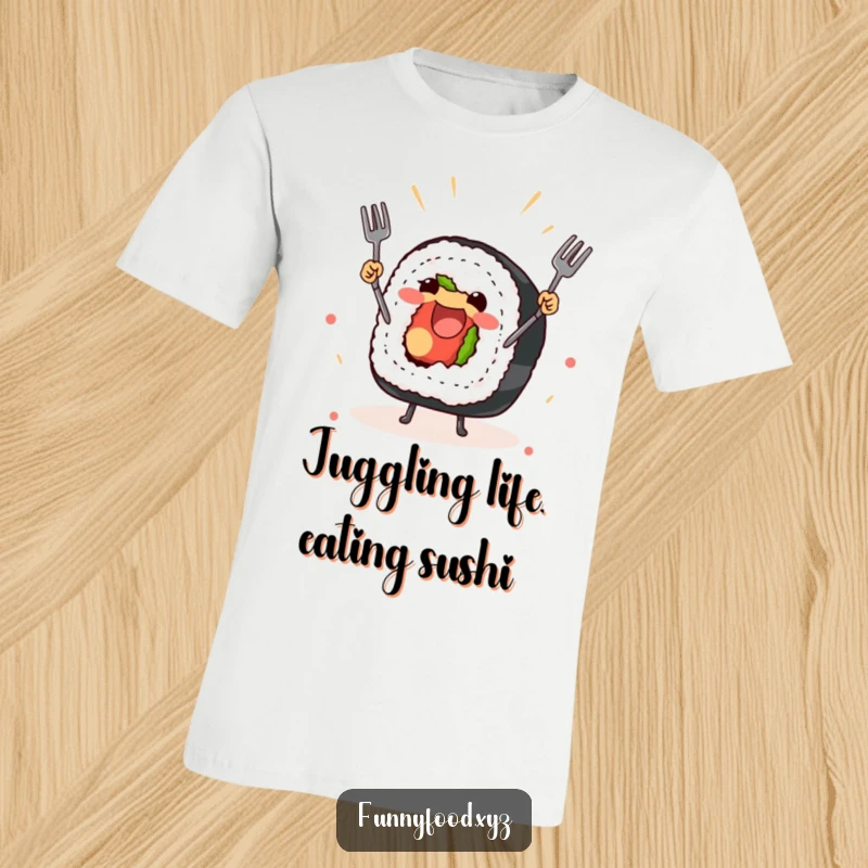 Funny t-shirt with a joyful sushi roll juggling small forks, great for sushi fans.