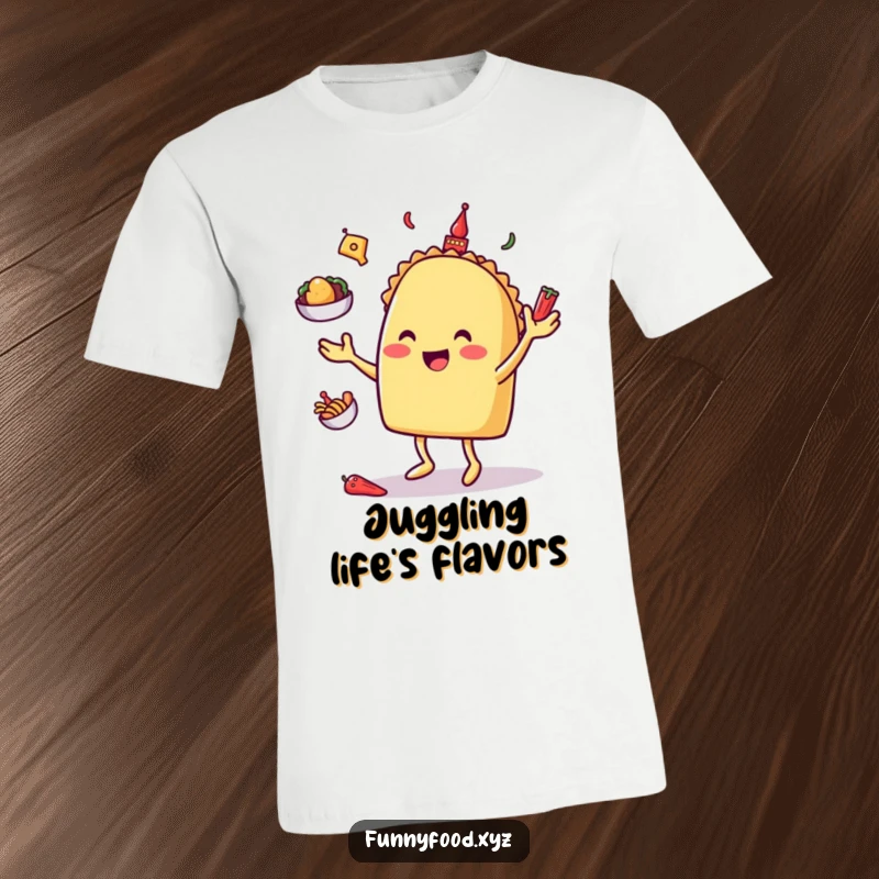 Funny taco character skillfully juggling miniature toppings, depicted on a humorous and lively t-shirt.