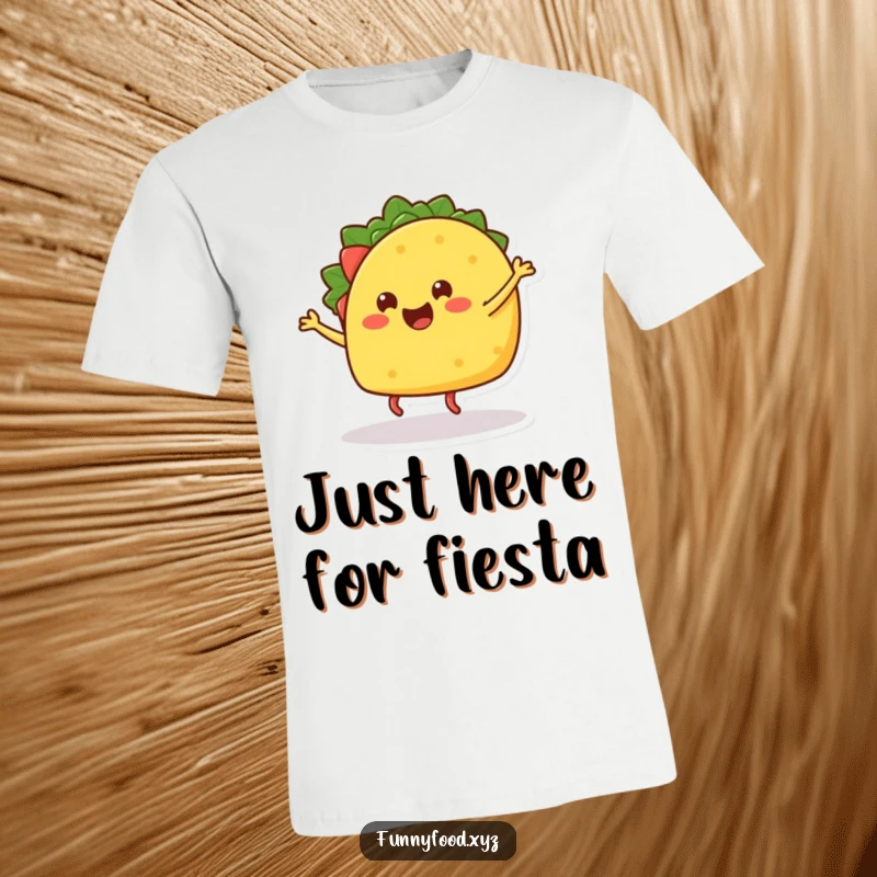 Funny t-shirt with a happy taco doing a silly dance, great for parties and taco enthusiasts.