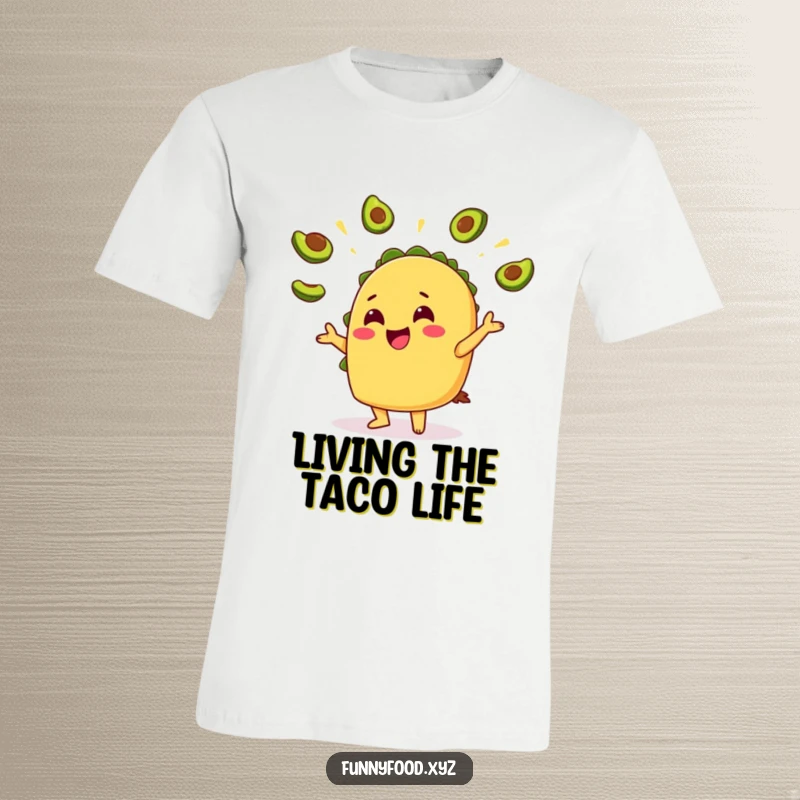 Funny Taco Avocado T-Shirt: A cheerful taco character joyfully juggles tiny avocado slices, celebrating tasty ingredients.