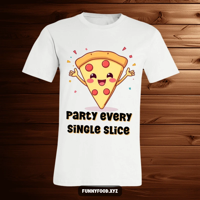 Funny t-shirt featuring a grinning pizza slice throwing confetti, great for parties and pizza lovers.