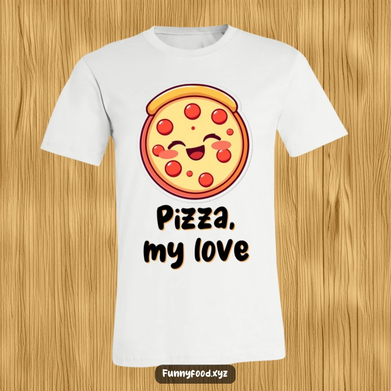 Funny pizza slice t-shirt depicting a beaming, winking pizza slice, exuding cheesy humor and delicious fun. Ideal funny gift.