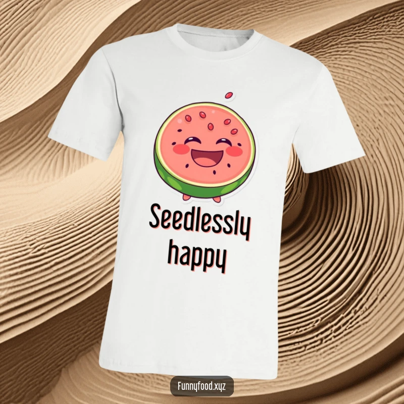 Funny Laughing Watermelon T-Shirt: A happy slice of watermelon laughs with seeds popping out, perfect for a funny summer gift.
