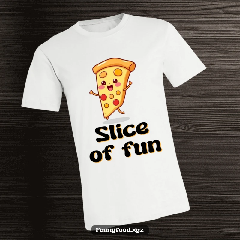 Funny t-shirt with a playful pizza slice doing a little jig, looking joyful and ready to party.