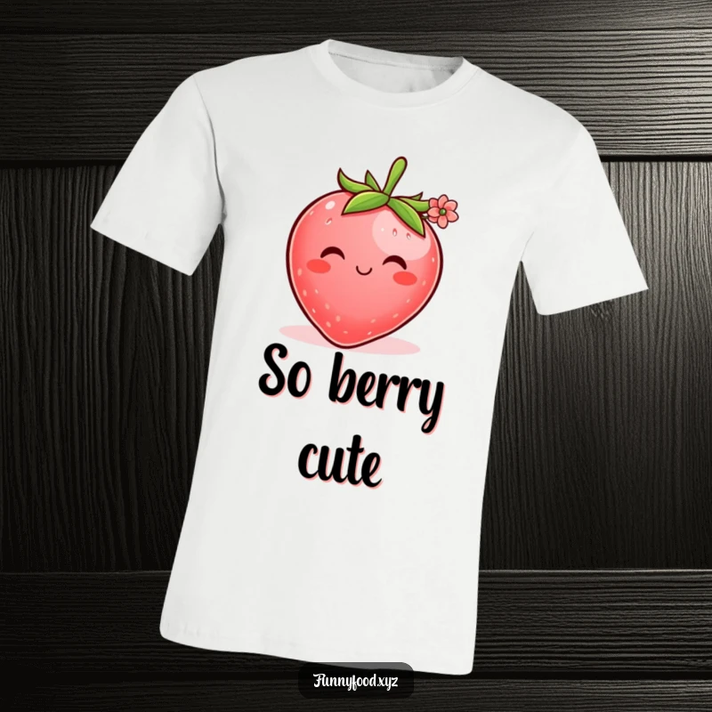 Funny t-shirt graphic of a plump strawberry with a bashful smile, extending a small flower with sweet sincerity.