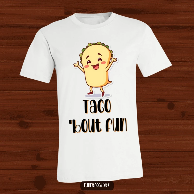 Funny taco t-shirt, a happy taco character performing a silly dance with enthusiasm, vibrant and fun apparel.