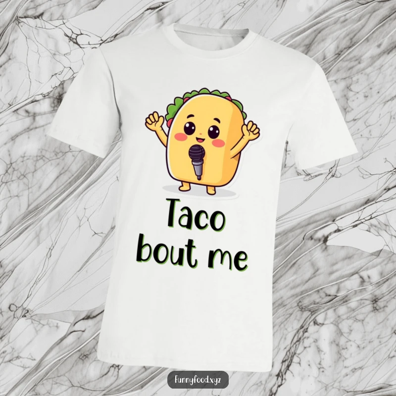 Funny t-shirt showing a cheerful taco waving arms and holding a miniature microphone, embodying a passionate performer.