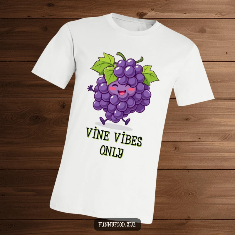 Funny bunch of grapes t-shirt, dancing with joy, one grape rolling, a humorous and lively fruit-themed design.