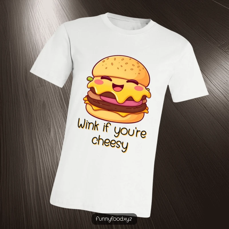 Funny cheeseburger t-shirt, depicting a giggling cheeseburger winking with melting cheese, fun and humorous apparel.