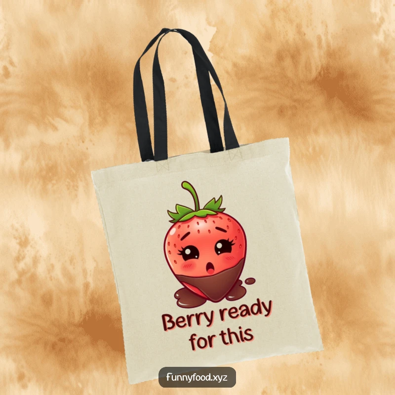 Funny strawberry tote bag, eyes wide with surprise, about to be dipped in chocolate, a humorous accessory for grocery shopping.