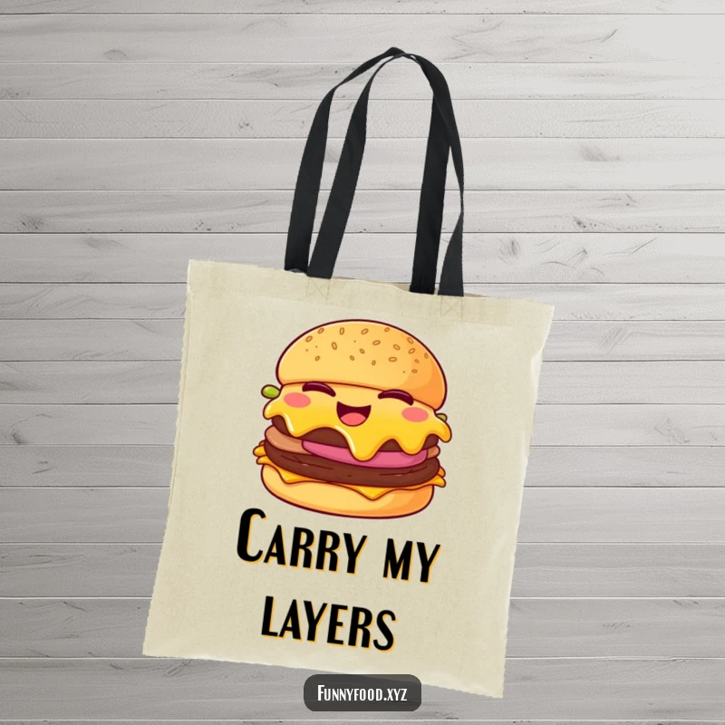 Funny cheeseburger tote bag, featuring a giggling cheeseburger winking with melting cheese, stylish and humorous for shoppers.