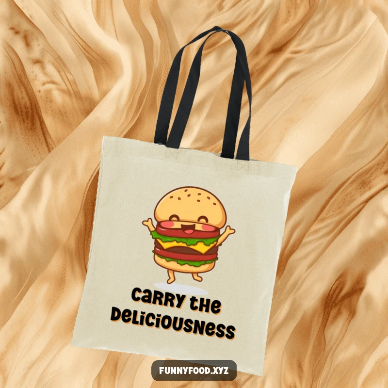 Funny Tote Bag featuring a jolly hamburger caught mid-dance, bringing cheerful vibes and practical humor to your day.