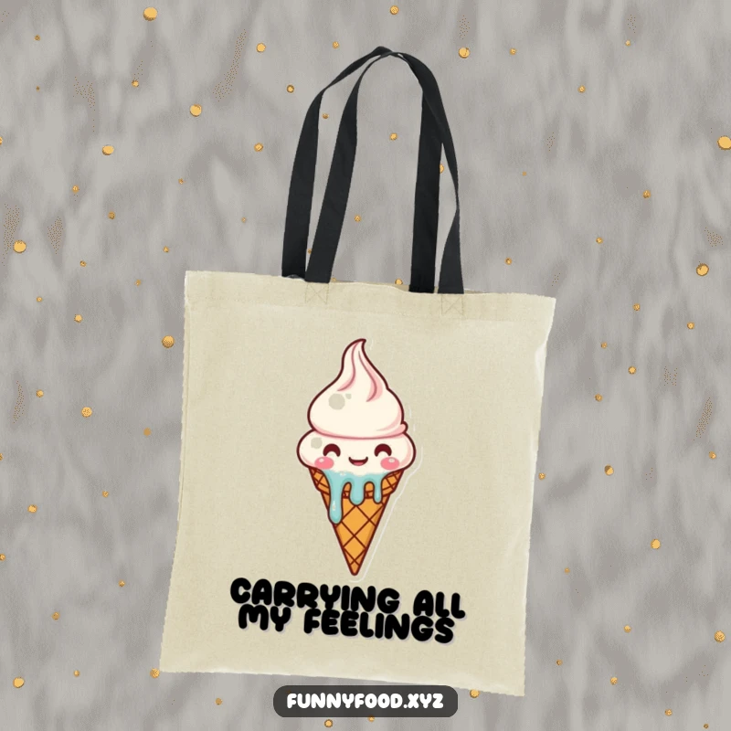 Funny melting ice cream cone tote bag character carrying joy, durable and stylish accessory.