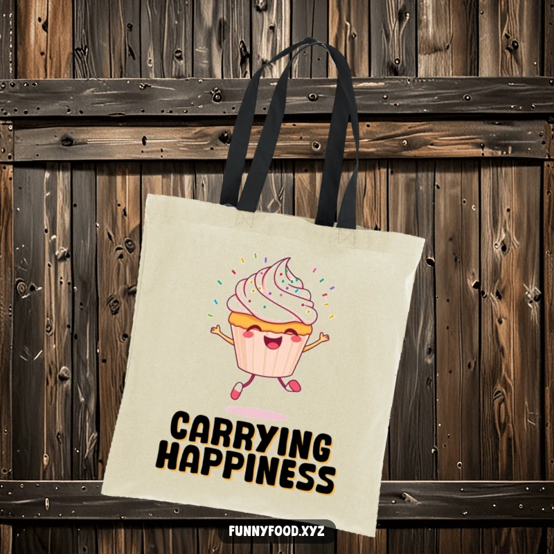 Funny cupcake tote bag depicting a cheerful cupcake character skipping with colorful sprinkles flying around, perfect for shopping.