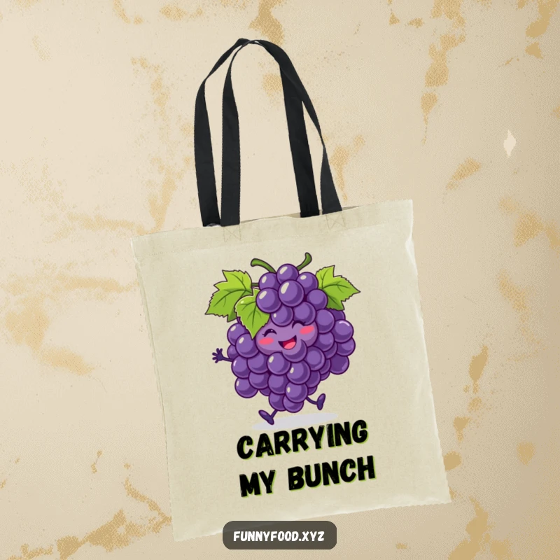 Funny bunch of grapes tote bag, doing a jig, with one grape rolling, a humorous and practical accessory for fruit lovers.