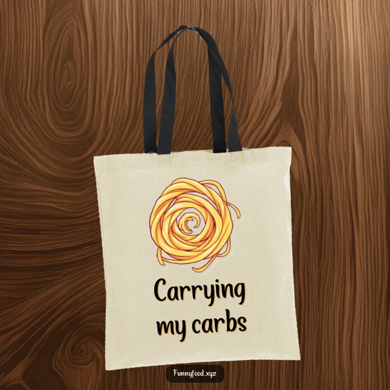 Funny tote bag with a spinning pasta swirl, perfect for carrying groceries with a humorous and culinary-inspired touch.