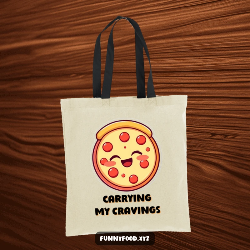 Funny pizza slice tote bag showcasing a beaming, winking pizza slice, a fun and cheesy accessory. Great funny gift.