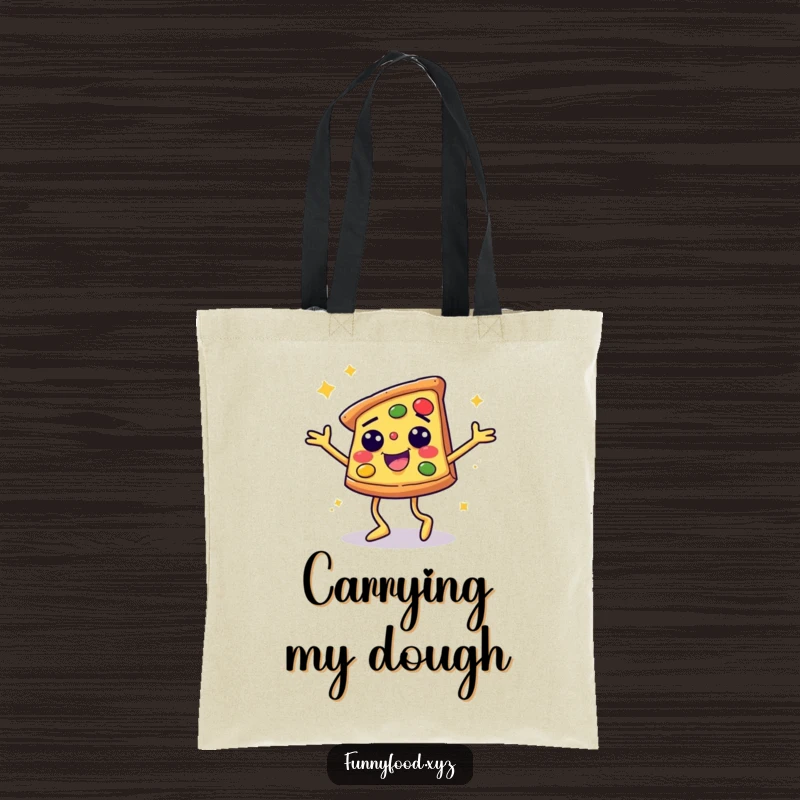Funny tote bag with a smiling pizza slice energetically disco dancing, showcasing a lighthearted and fun food-loving attitude.