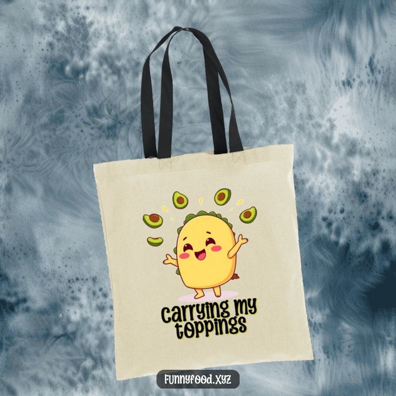 Funny Taco Avocado Tote Bag: A sturdy tote featuring a cheerful taco happily juggling avocado slices, ready for any culinary adventure.