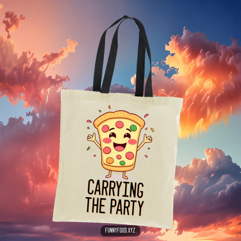 Funny tote bag showcasing a grinning pizza slice with arms throwing confetti, perfect for carrying party supplies with a smile.