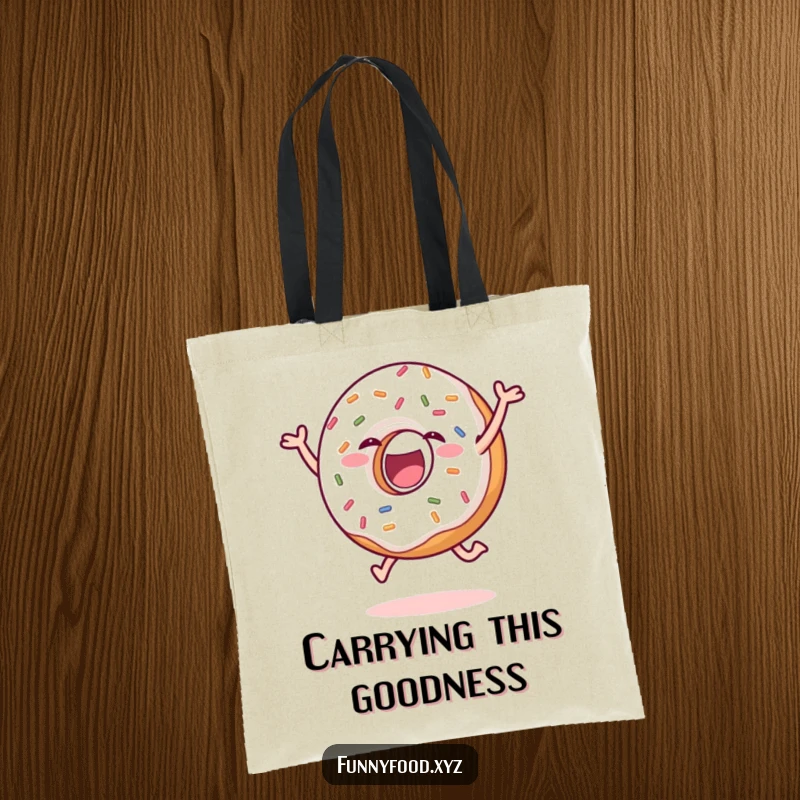 Funny donut tote bag featuring a delighted donut with sprinkles joyfully leaping, a vibrant and humorous accessory. Great funny gift.