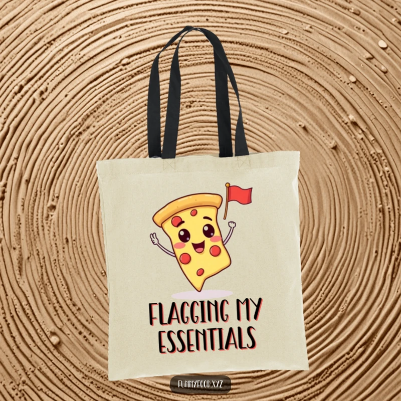 Funny pizza slice cheerfully waving a miniature flag, printed on a durable tote bag for easy shopping.