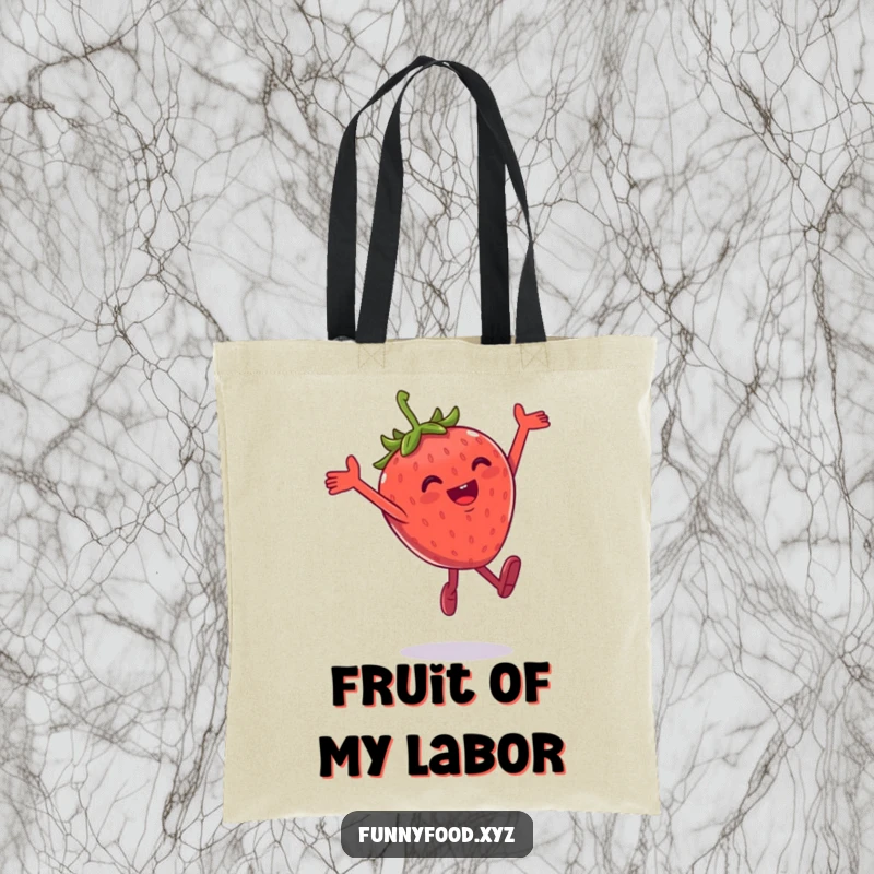 Funny tote bag featuring a gleeful anthropomorphic strawberry mid-leap, spreading fruity cheer.