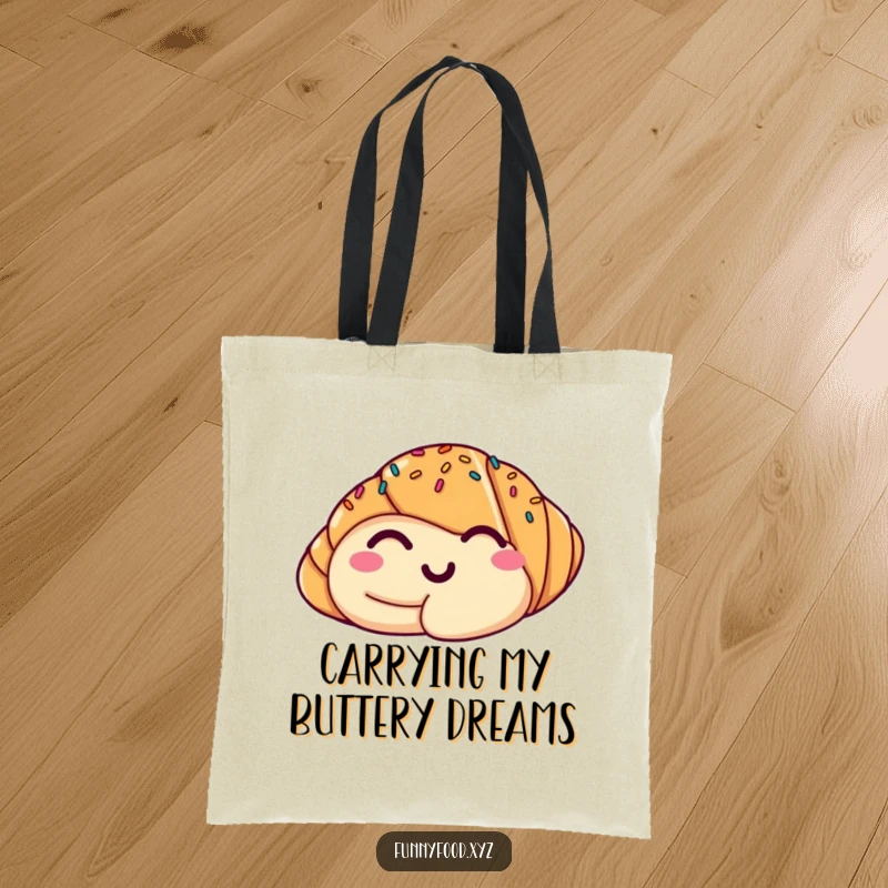 Funny tote bag with a cheerful, winking croissant illustration, ideal for everyday use and a splash of humor.