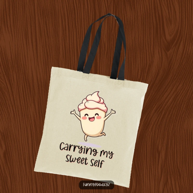 Funny tote bag with a cheerful cupcake doing a cartwheel, perfect for shopping and bakery treats.