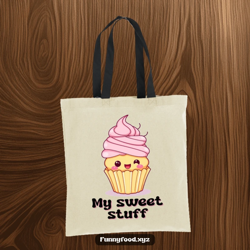 Funny tote bag with a playful cupcake, its frosting hair a swirl, excitedly spinning, perfect for carrying daily items.