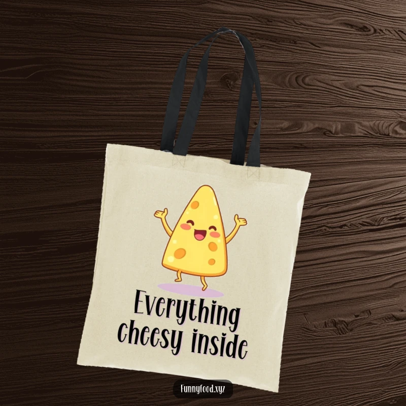 Funny tote bag with a delighted anthropomorphic cheese wedge doing a joyful, silly dance.