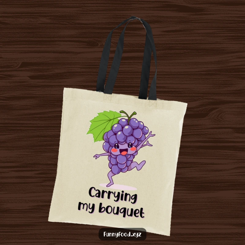 Funny Grapes Tote Bag with a brave bunch of grapes performing a gymnastic move, ideal for gym or shopping.