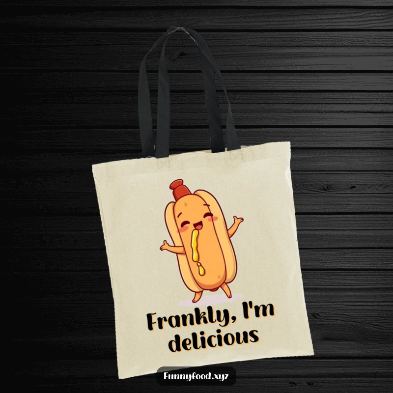 Funny hot dog tote bag, doing a playful shimmy, with mustard dribbling, a humorous and practical accessory for food lovers.