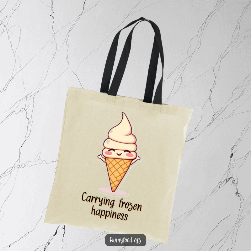Funny winking ice cream cone in a headstand on a tote bag, ideal for carrying daily necessities with a smile.