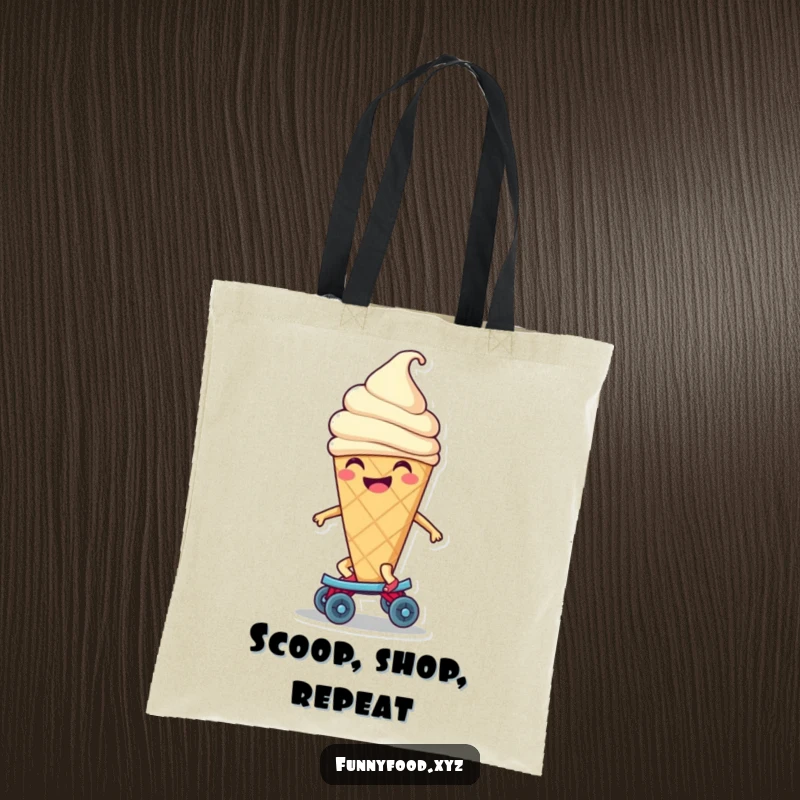 Funny ice cream cone tote bag showing a happy character smiling while cruising on a tiny roller skate, perfect for carrying goodies.