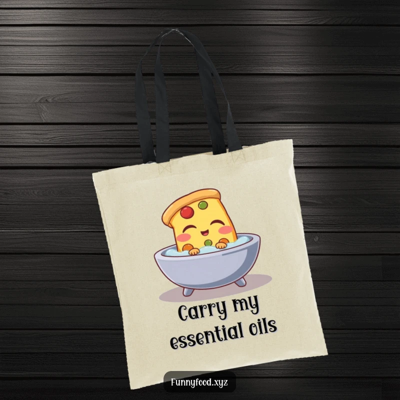Funny pizza slice tote bag, featuring a happy pizza slice enjoying a bubble bath, a stylish and humorous accessory.