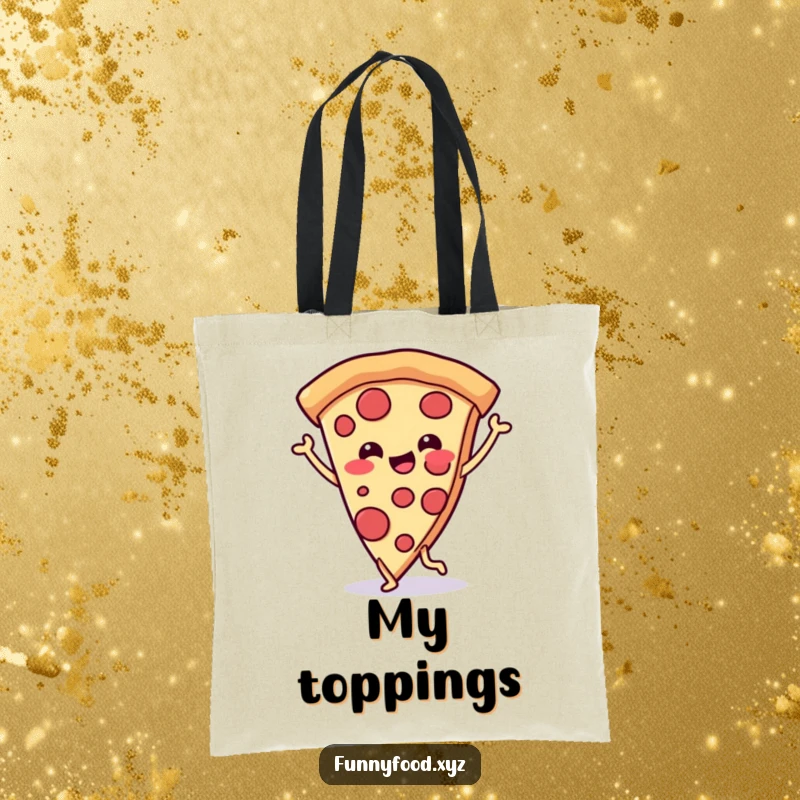 Funny tote bag with a cheerful pizza slice on legs, doing a joyful dance, perfect for carrying groceries or daily items.