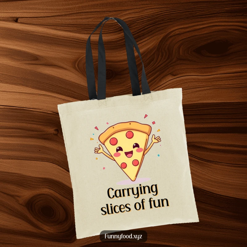 Funny tote bag with a grinning pizza slice throwing confetti, perfect for groceries and party essentials.