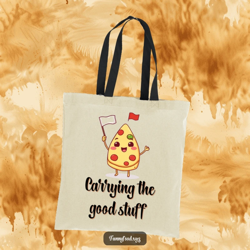 Funny pizza tote bag, a smiling pizza slice waving a tiny flag, great for groceries and everyday use.