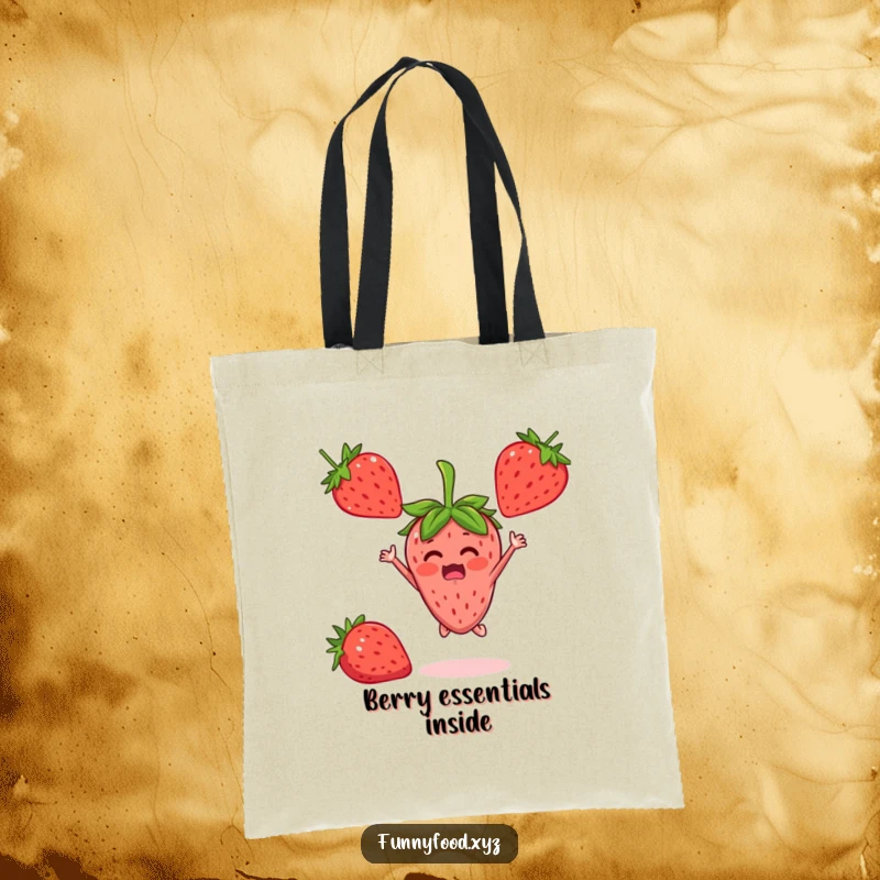 A funny strawberry person jumping with delight, printed on a durable and cheerful tote bag.