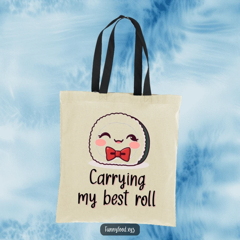 Funny tote bag with a giggling sushi roll in a bowtie, perfect for carrying items with a touch of Japanese flair and humor.