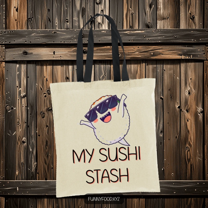 Funny tote bag showcasing a delighted sushi character wearing sunglasses and performing a skillful backflip, ready for adventure.