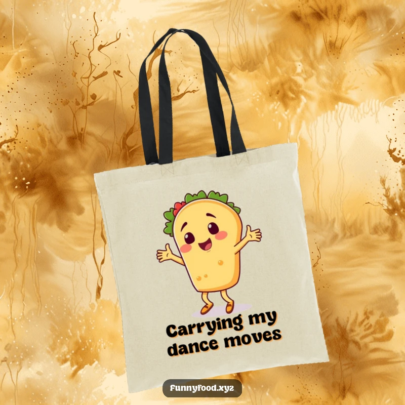 A funny taco person performing a silly dance, printed on a practical and stylish tote bag.