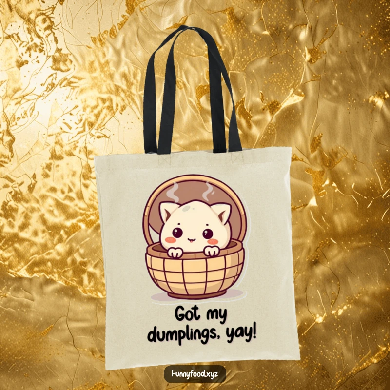 Funny curious dumpling peeking from a steaming basket on a tote bag, ideal for carrying daily necessities.