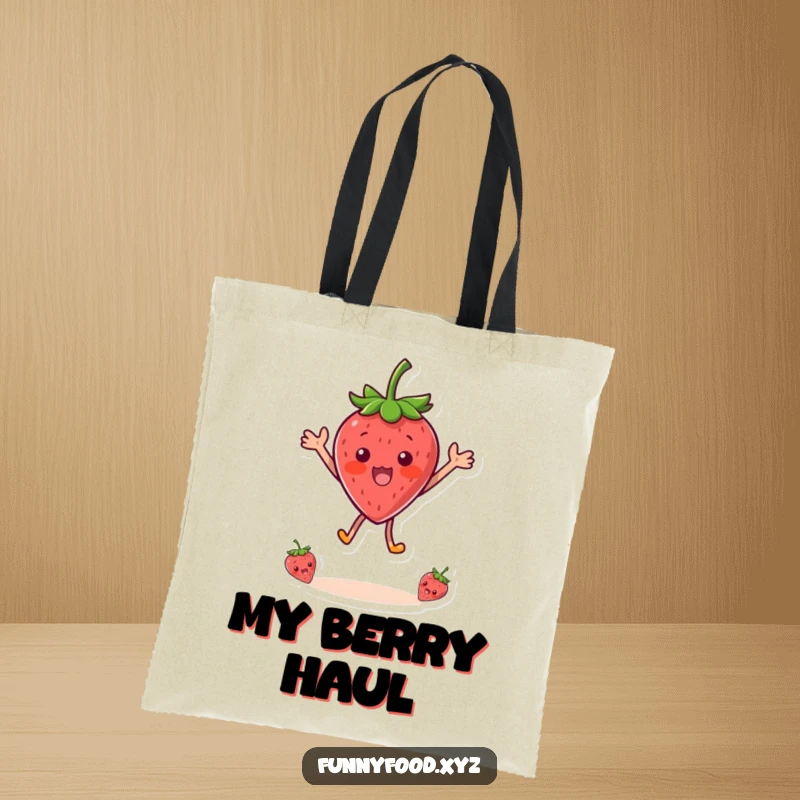 Funny tote bag featuring a surprised strawberry character leaping with delight, a vibrant and humorous accessory for everyday use.