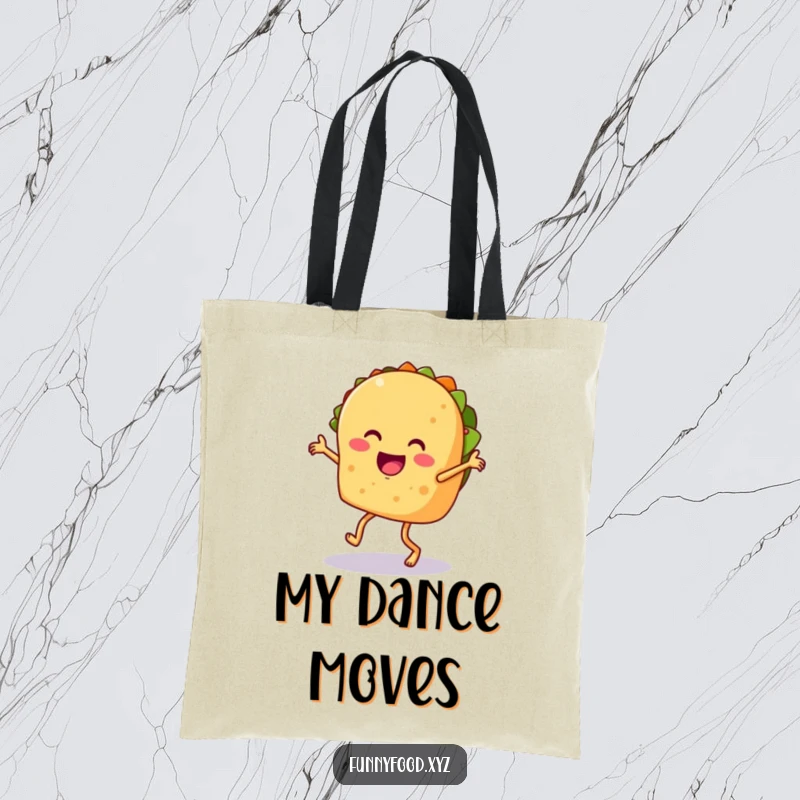 Funny taco tote bag, featuring a taco dancing salsa with its legs, stylish and humorous for shoppers.