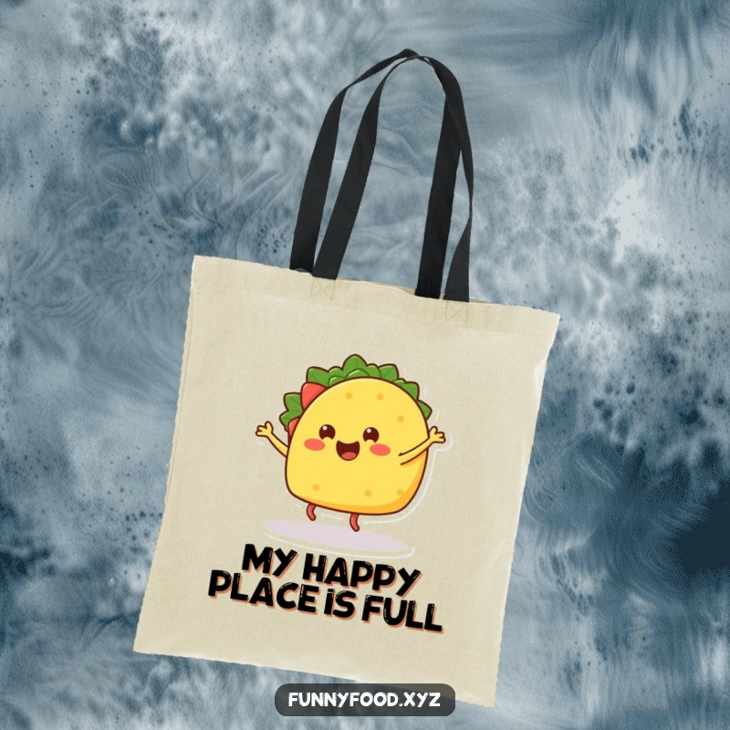 Funny tote bag with a happy, dancing taco, perfect for shopping and carrying party essentials.